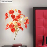 Pastoral Ceramic 3-Light Flower Wall Sconce For Bedroom - White/Red/Green