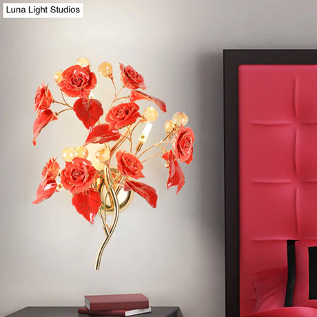 Pastoral Ceramic 3-Light Flower Wall Sconce For Bedroom - White/Red/Green