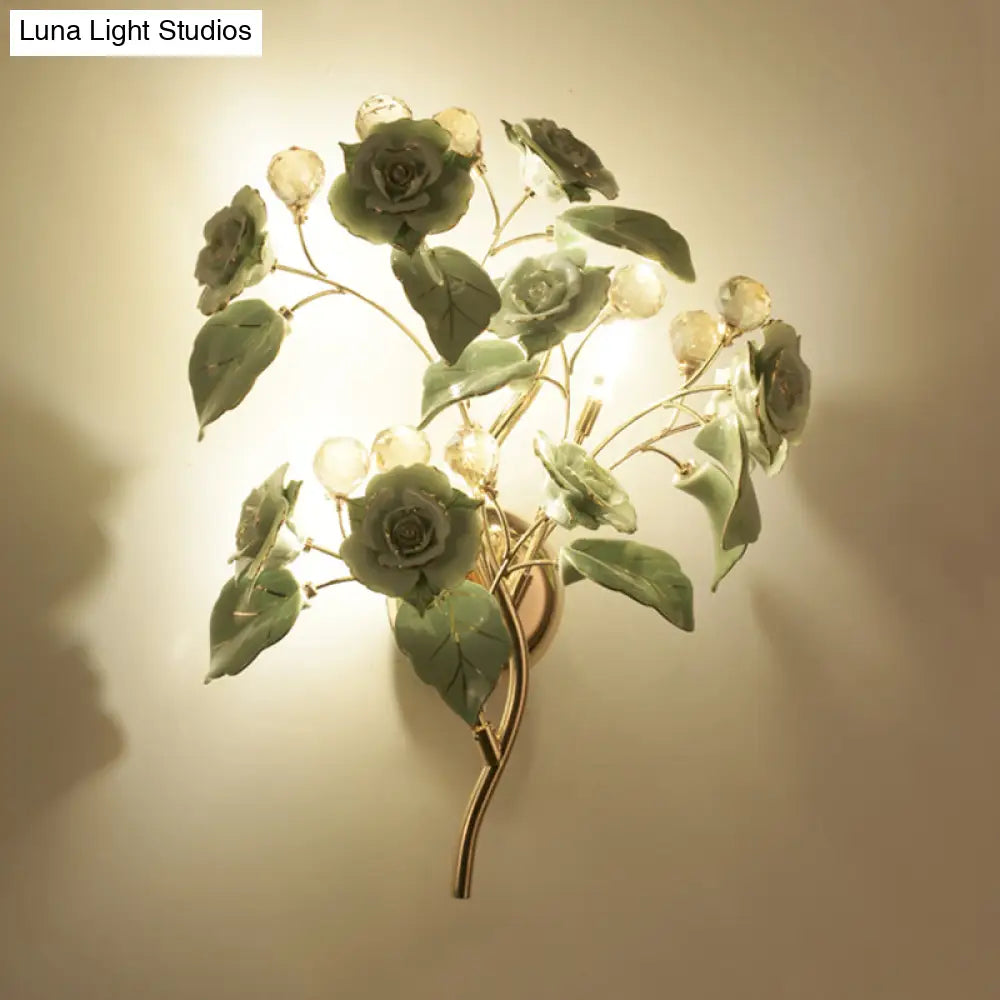 Pastoral Ceramic 3-Light Flower Wall Sconce For Bedroom - White/Red/Green