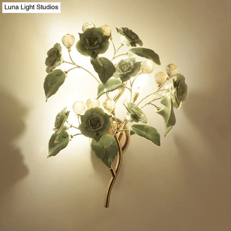 Pastoral Ceramic 3-Light Flower Wall Sconce For Bedroom - White/Red/Green