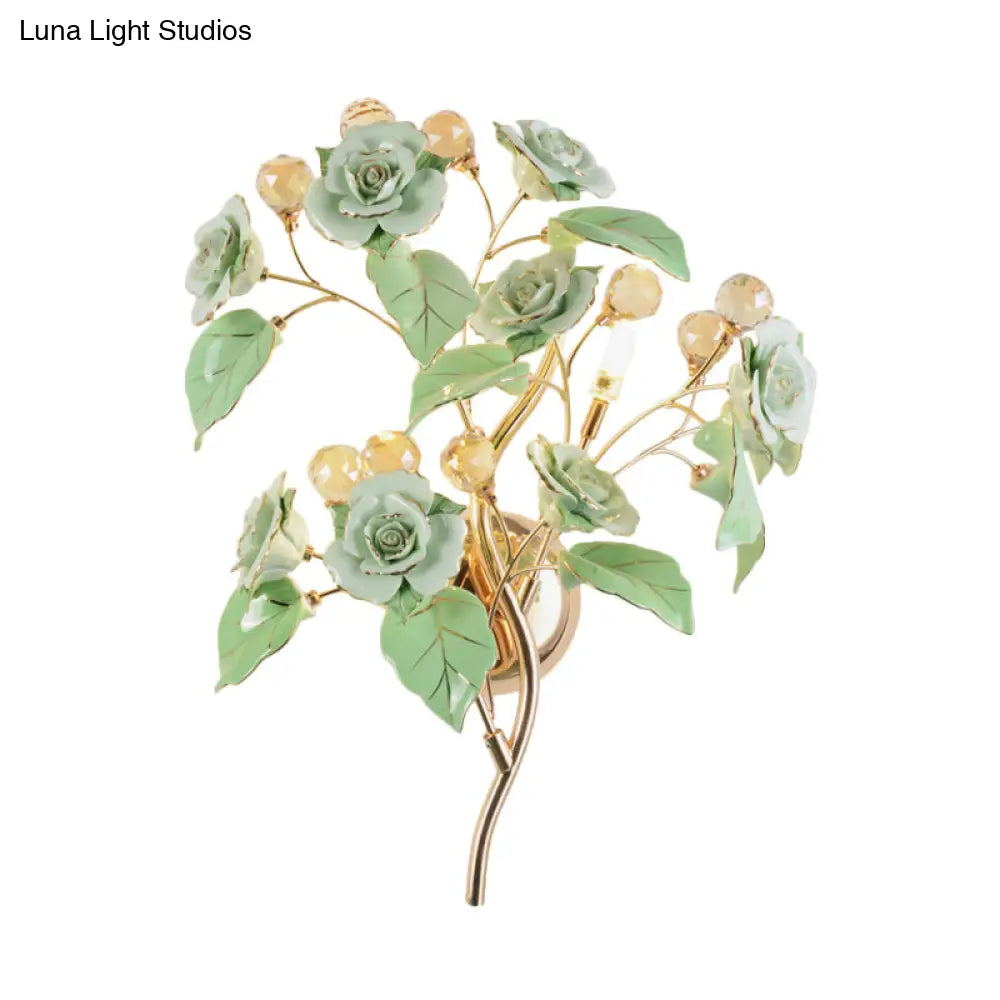 Pastoral Ceramic 3-Light Flower Wall Sconce For Bedroom - White/Red/Green