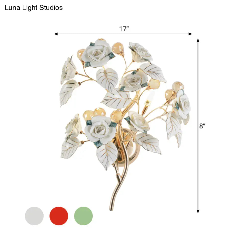 Pastoral Ceramic 3-Light Flower Wall Sconce For Bedroom - White/Red/Green