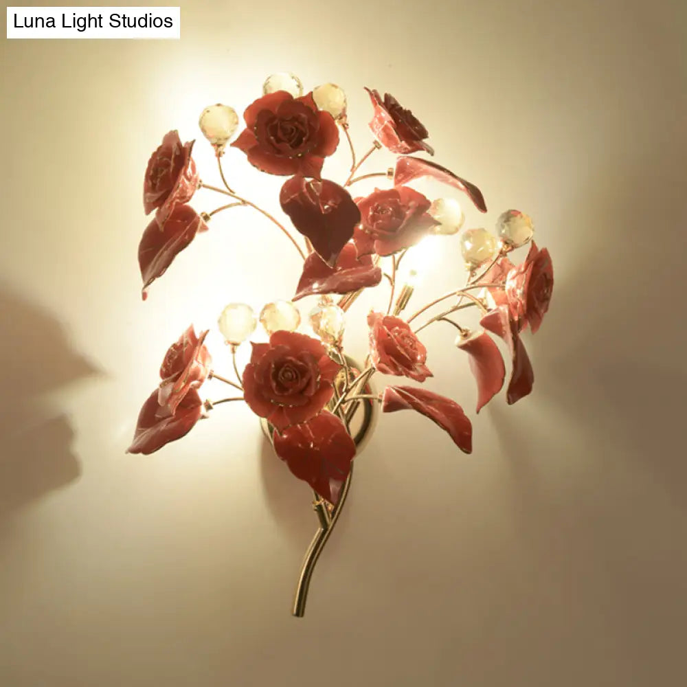 Pastoral Ceramic 3-Light Flower Wall Sconce For Bedroom - White/Red/Green