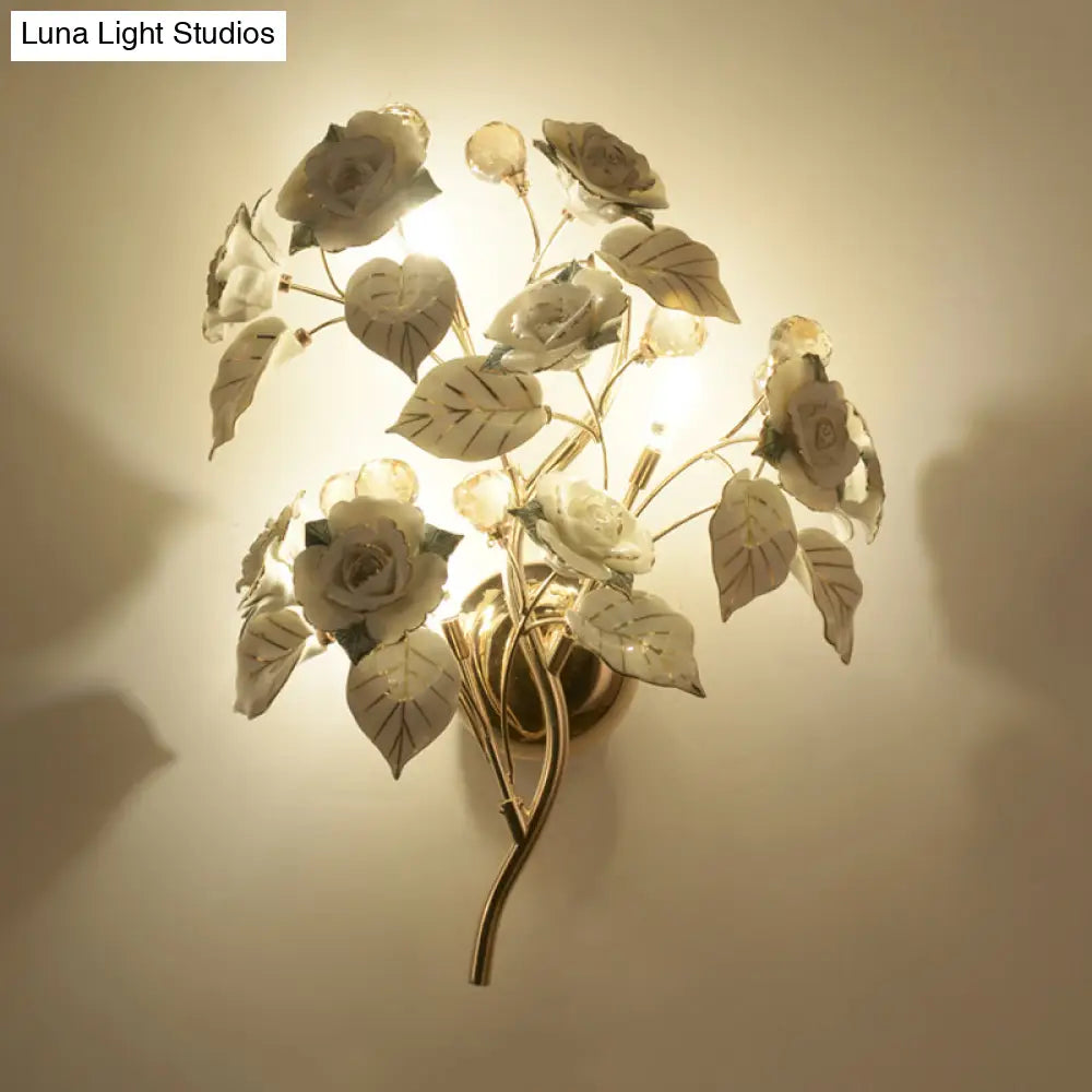 Pastoral Ceramic 3-Light Flower Wall Sconce For Bedroom - White/Red/Green