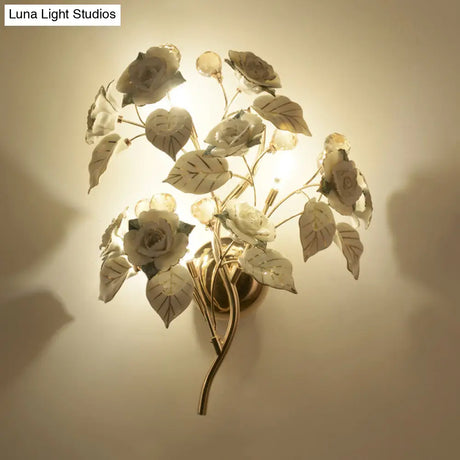 Pastoral Ceramic 3-Light Flower Wall Sconce For Bedroom - White/Red/Green