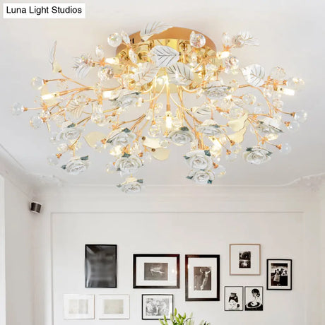 Pastoral Living Room Rose Ceramic Semi-Flush Ceiling Light With Decorative Crystal Accents 7 / White