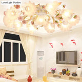 Pastoral Ruffle Ceiling Flush Lamp - 4/7/9 Frosted White Glass Heads Semi Mount For Dining Room