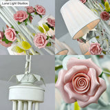 Pastoral Style Chandelier With Decorative Rose: Pleated White Fabric Hanging Light