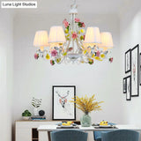 Pastoral Style Chandelier With Decorative Rose: Pleated White Fabric Hanging Light