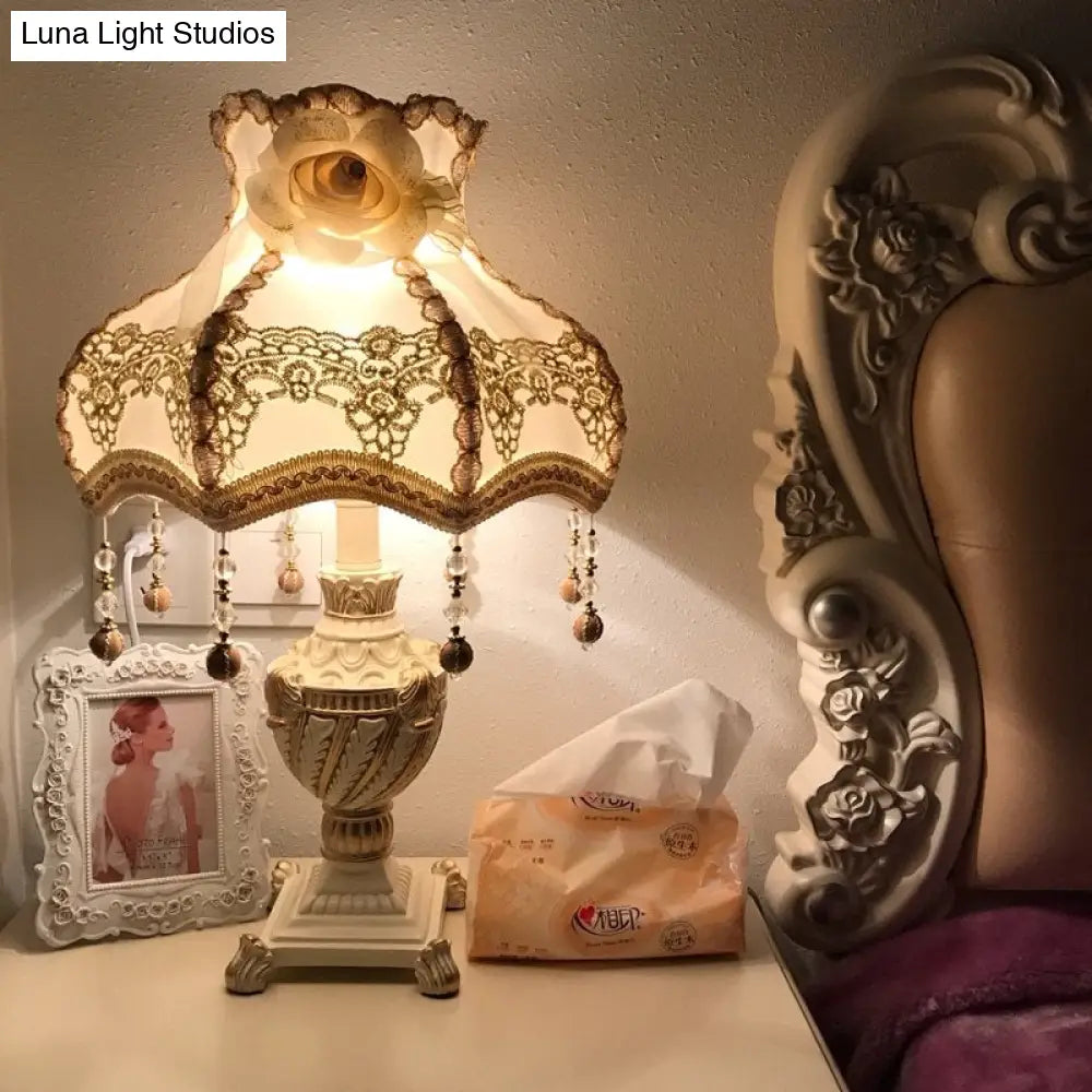 Pastoral Style Resin Urn Table Lamp With Beige Fabric Shade - 1 Head Night Light