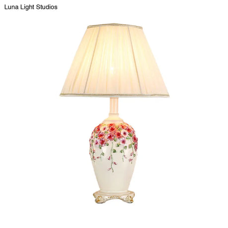 Pastoral Style Table Lamp: Beige/Pink Nightstand Light With Conical Shade Painted Pottery Base