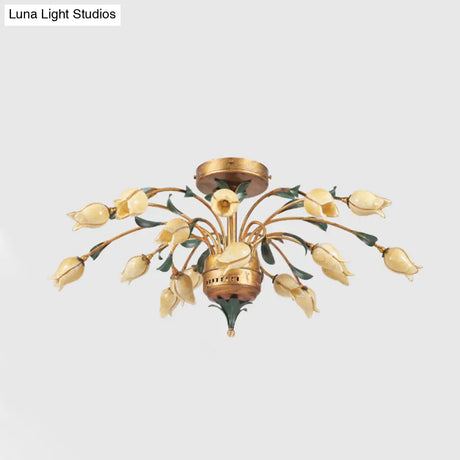Pastoral Style Tulip Ceiling Lamp With 18 Brass Led Bulbs For Living Room Semi Flush Mount Lighting