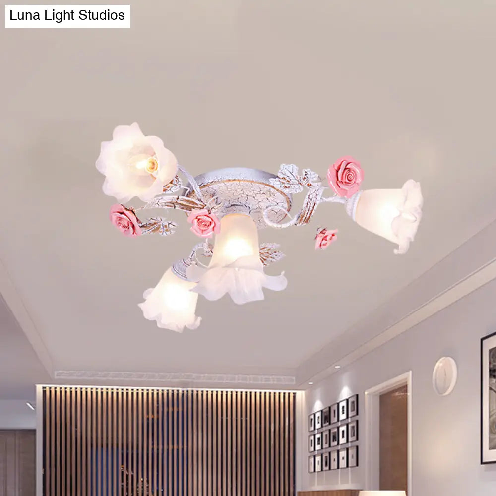 Pastoral White Glass Ceiling Light With Sputnik Design - 4/6/7 - Bulb Semi Mount For Bedroom