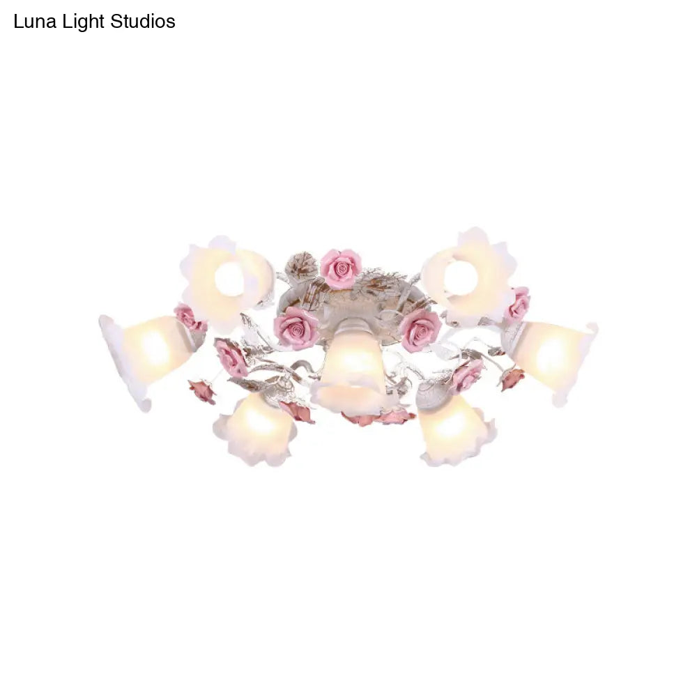 Pastoral White Glass Ceiling Light With Sputnik Design - 4/6/7 - Bulb Semi Mount For Bedroom