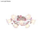 Pastoral White Glass Ceiling Light With Sputnik Design - 4/6/7 - Bulb Semi Mount For Bedroom