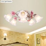 Pastoral White Glass Ceiling Light With Sputnik Design - 4/6/7 - Bulb Semi Mount For Bedroom