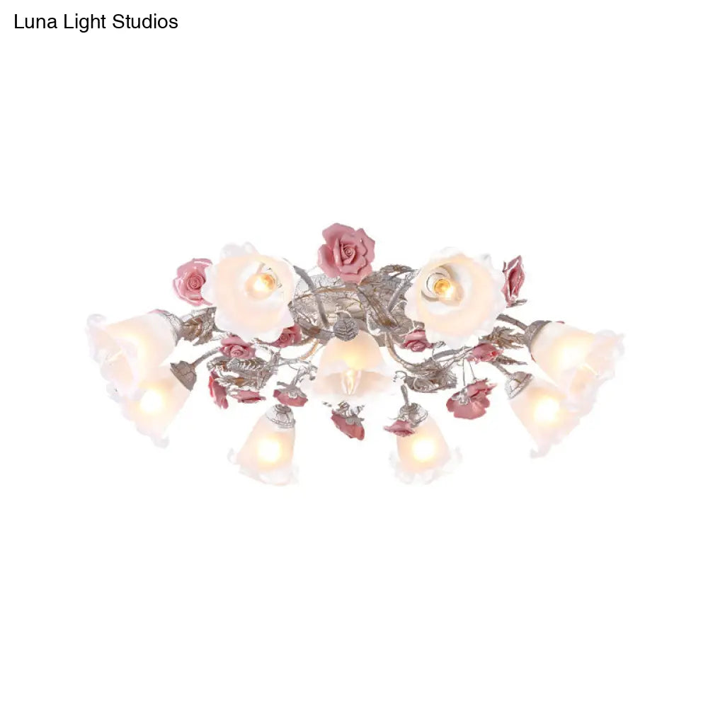 Pastoral White Glass Ceiling Light With Sputnik Design - 4/6/7 - Bulb Semi Mount For Bedroom