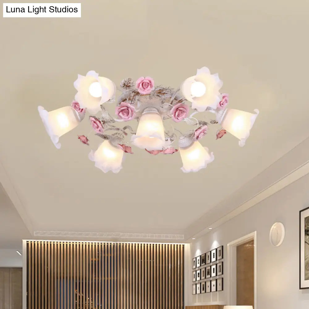 Pastoral White Glass Ceiling Light With Sputnik Design - 4/6/7 - Bulb Semi Mount For Bedroom