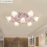 Pastoral White Glass Ceiling Light With Sputnik Design - 4/6/7 - Bulb Semi Mount For Bedroom