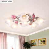 Pastoral White Glass Ceiling Light With Sputnik Design - 4/6/7 - Bulb Semi Mount For Bedroom