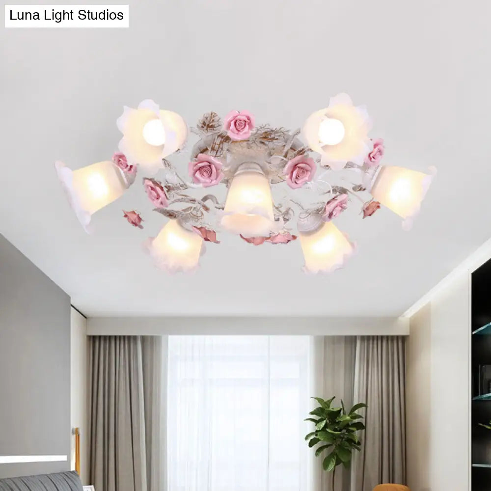 Pastoral White Glass Ceiling Light With Sputnik Design - 4/6/7 - Bulb Semi Mount For Bedroom