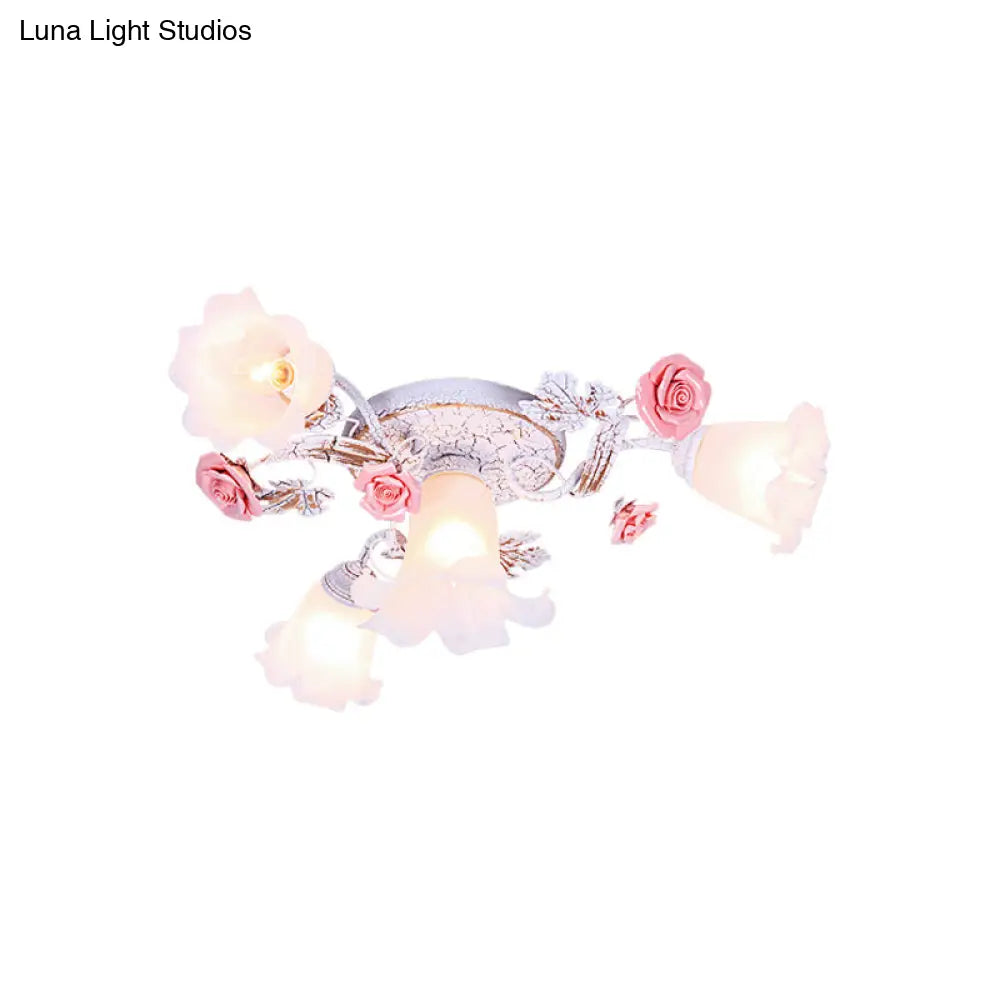 Pastoral White Glass Ceiling Light With Sputnik Design - 4/6/7 - Bulb Semi Mount For Bedroom