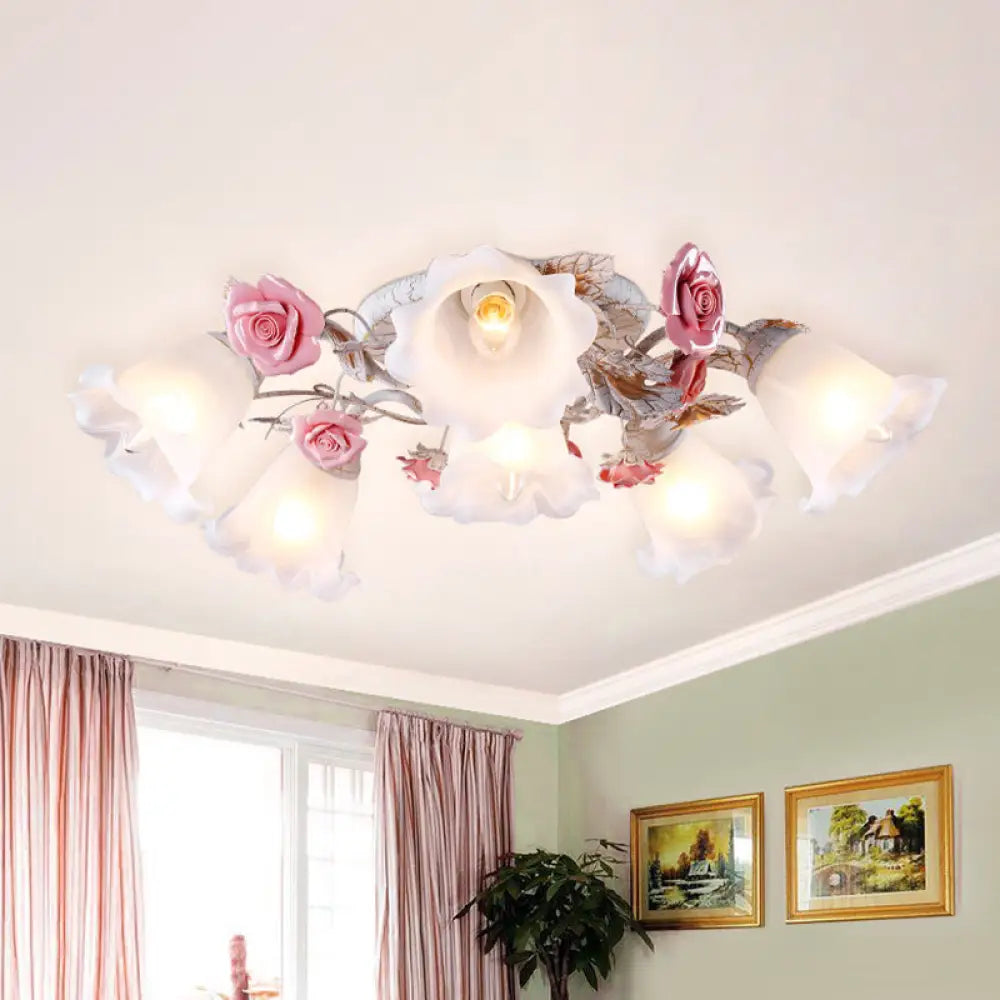 Pastoral White Glass Ceiling Light With Sputnik Design - 4/6/7 - Bulb Semi Mount For Bedroom 6 /