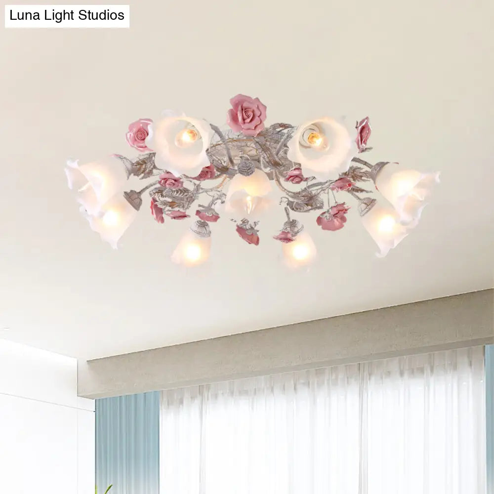 Pastoral White Glass Ceiling Light With Sputnik Design - 4/6/7 - Bulb Semi Mount For Bedroom