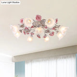 Pastoral White Glass Ceiling Light With Sputnik Design - 4/6/7 - Bulb Semi Mount For Bedroom