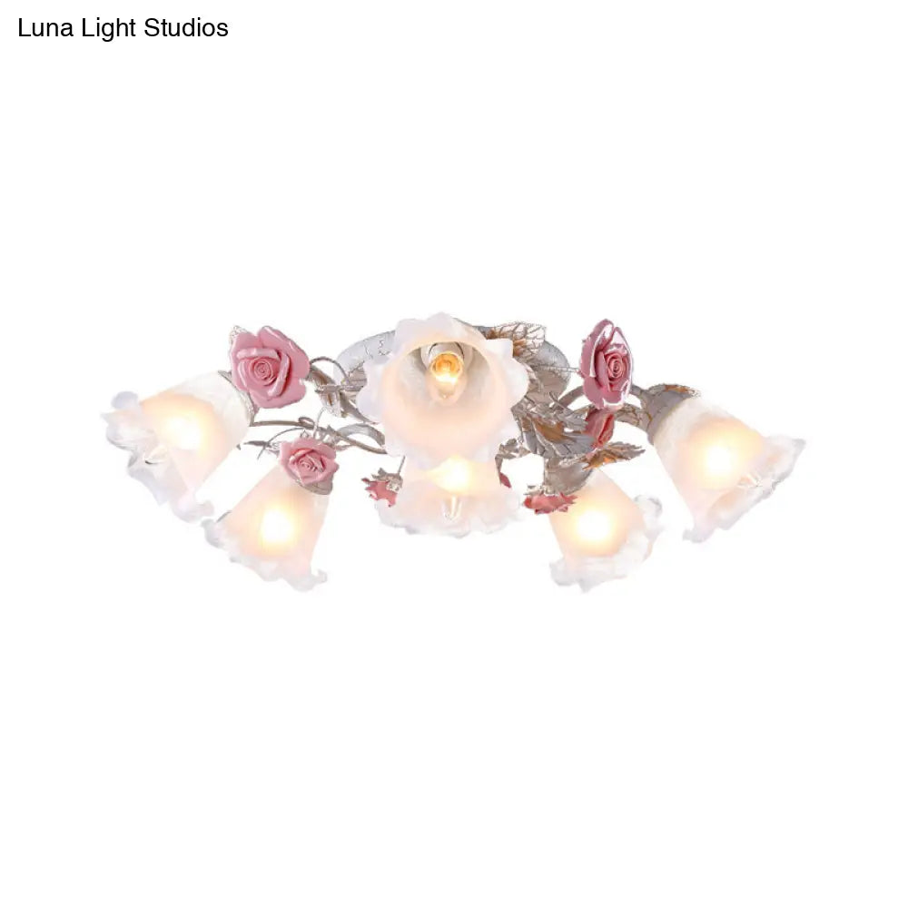 Pastoral White Glass Ceiling Light With Sputnik Design - 4/6/7 - Bulb Semi Mount For Bedroom