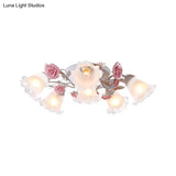 Pastoral White Glass Ceiling Light With Sputnik Design - 4/6/7 - Bulb Semi Mount For Bedroom