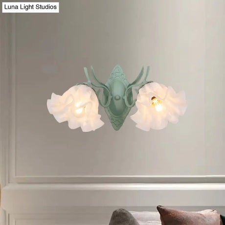 Pastoral White Glass Wall Sconce Lamp With Green Scalloped Design - 2 Bulb Lighting Fixture For