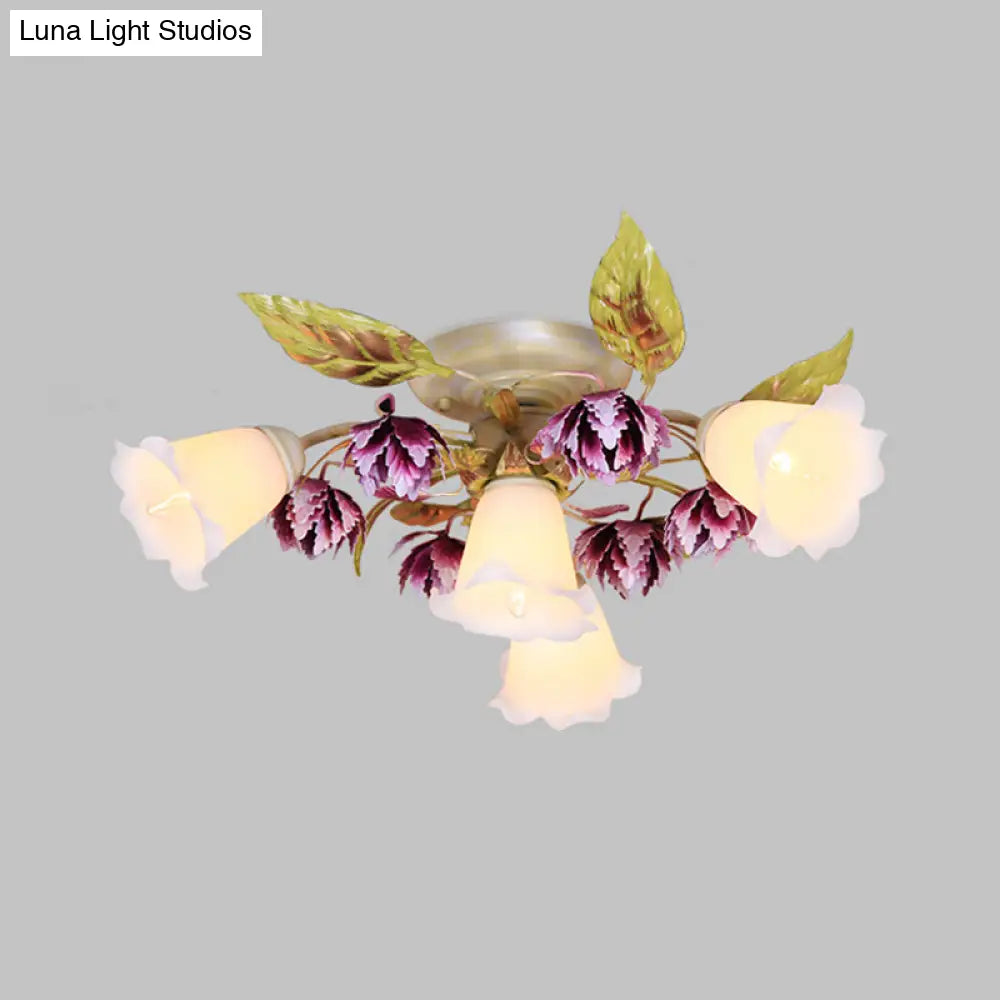 Pastoral White Metal Flower Semi Flush Mount Ceiling Light With Flared 1/4 Bulbs For Dining Room