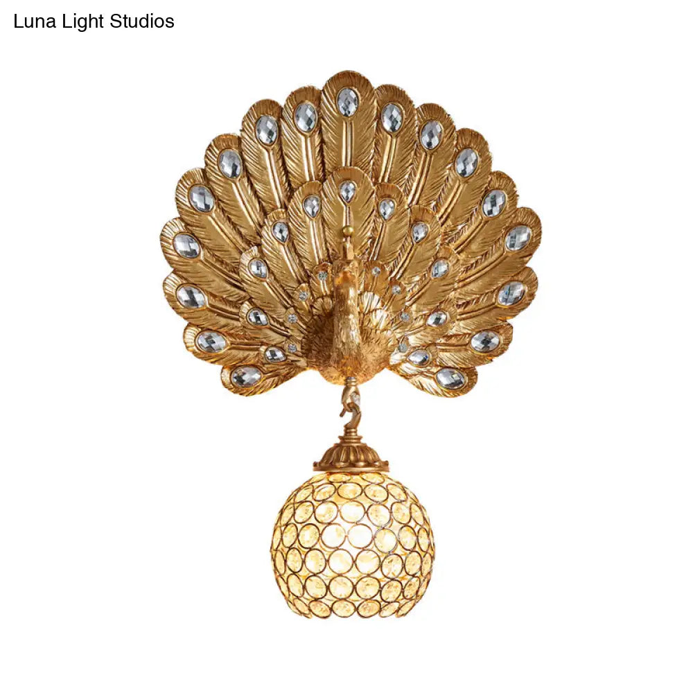 Peacock Backplate Wall Sconce With Crystal Globe - Traditional Bedroom Light Fixture (1