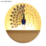 Peacock Blossom Wall Mural Lamp: Asian Style Led Wood Mount For Bedroom