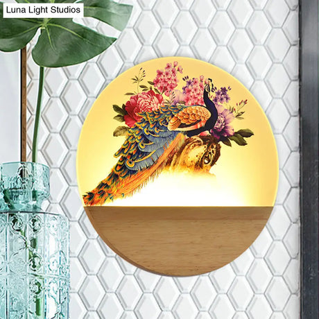 Peacock Blossom Wall Mural Lamp: Asian Style Led Wood Mount For Bedroom