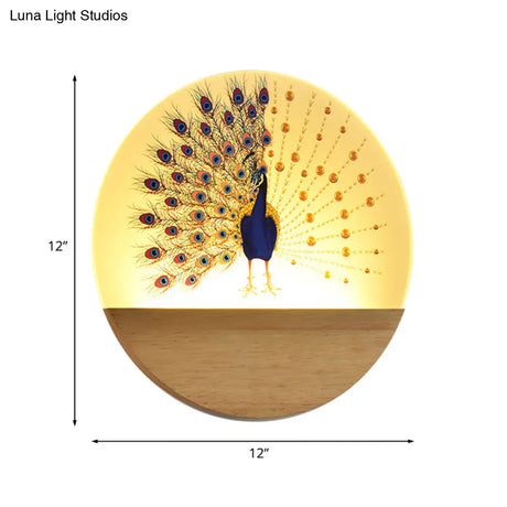 Peacock Blossom Wall Mural Lamp: Asian Style Led Wood Mount For Bedroom