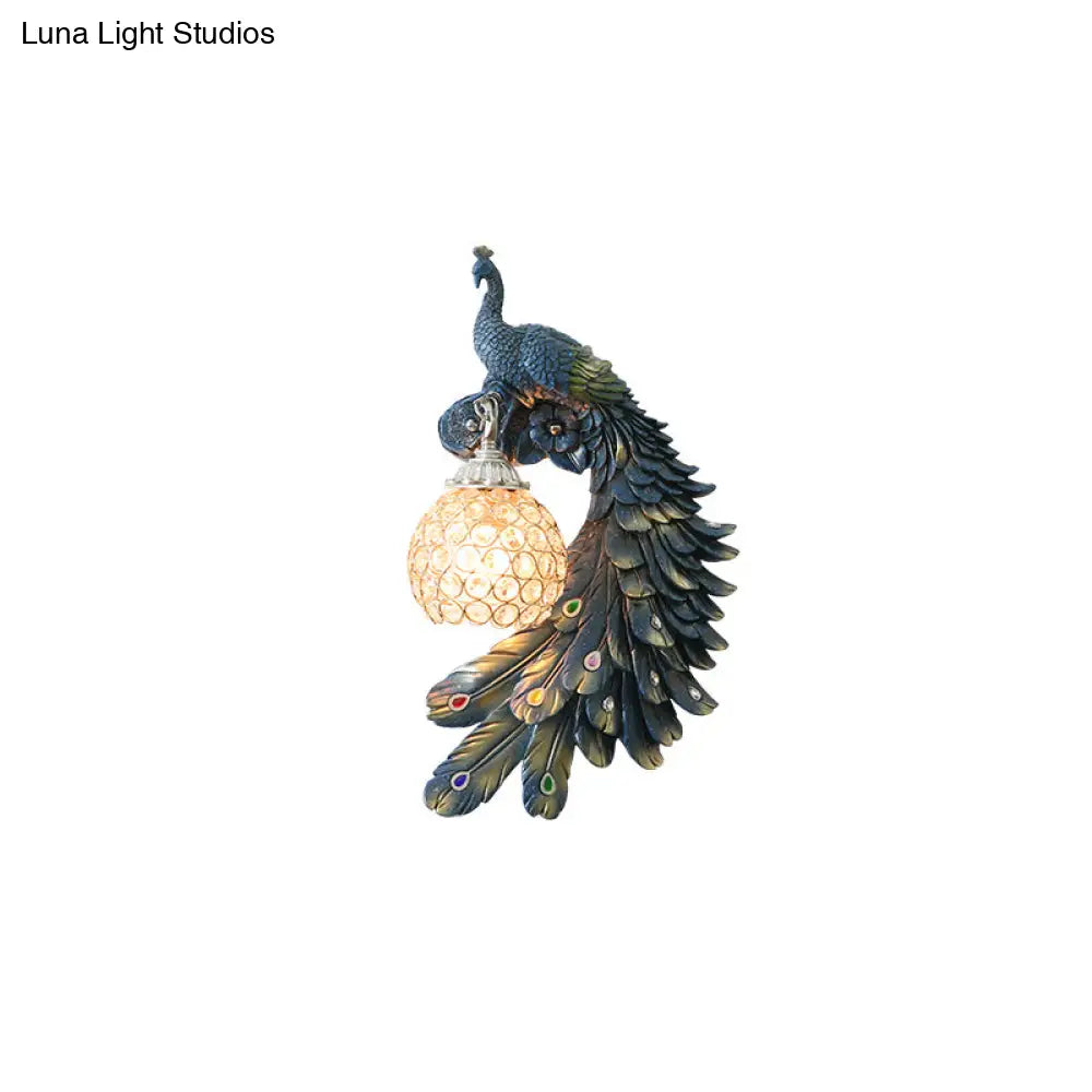 Peacock Blue Lodge Resin Wall Sconce Lighting With Clear Crystal Dome Shade - 1 Light Bedside