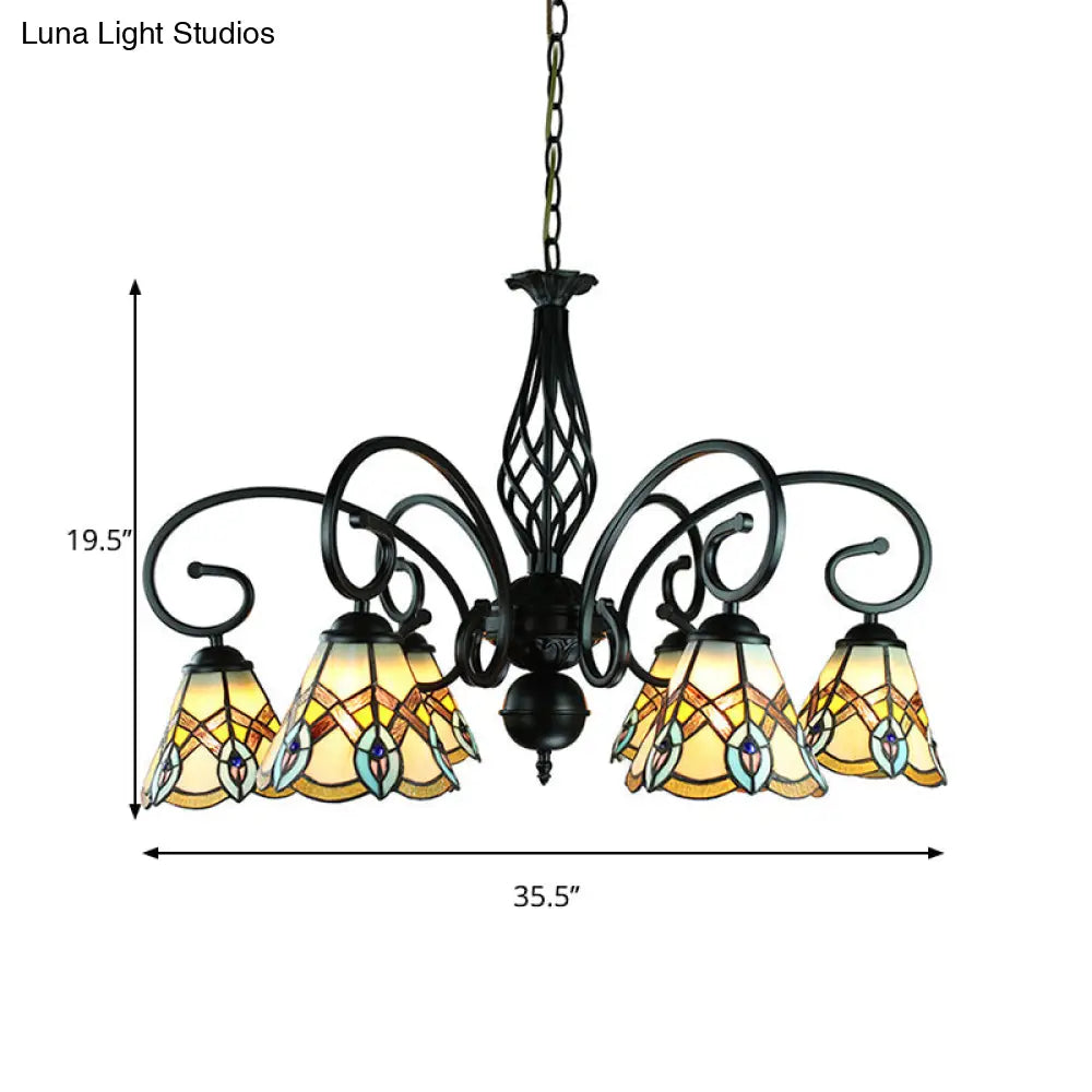 Peacock Design Conical Chandelier With Stained Glass - Rustic Pendant Lighting (6/8 Lights)