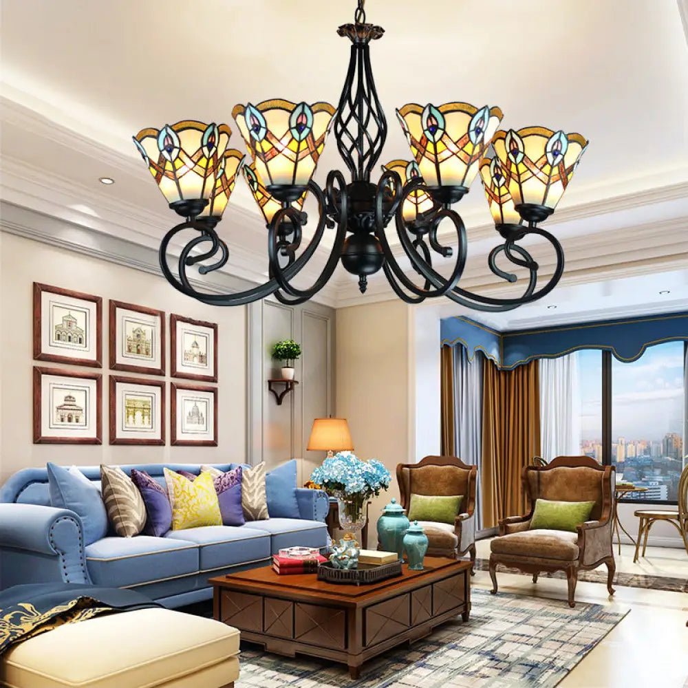 Peacock Design Conical Chandelier With Stained Glass - Rustic Pendant Lighting (6/8 Lights) 8 /