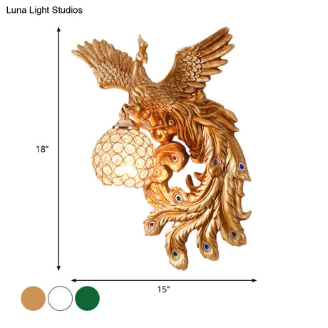Peacock Flying Wall Mount Light: White/Green/Gold Resin With Crystal Shade Left/Right