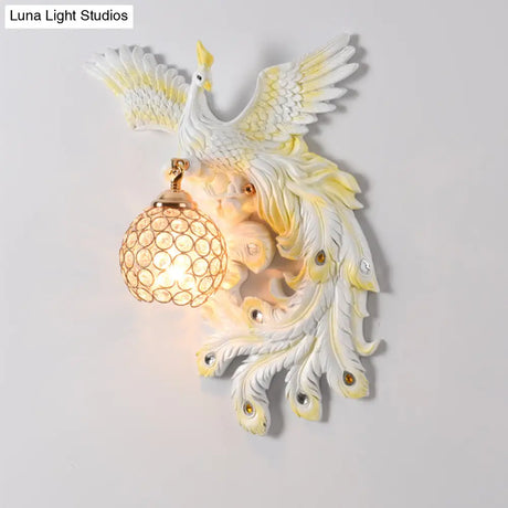 Peacock Flying Wall Mount Light: White/Green/Gold Resin With Crystal Shade Left/Right