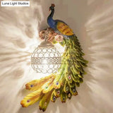 Peacock Resin Wall Sconce With Crystal Embedded Globe Shade