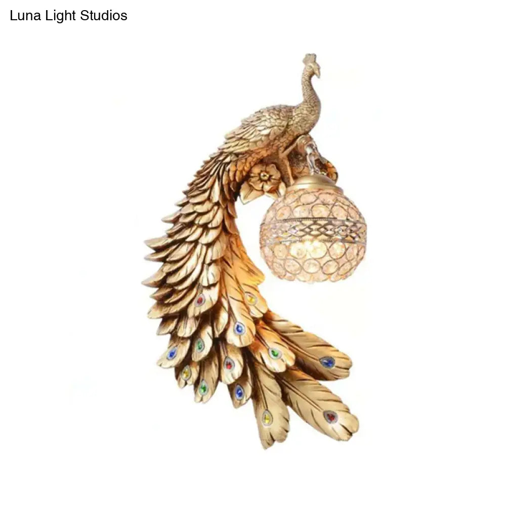 Peacock Resin Wall Sconce With Crystal Embedded Globe Shade