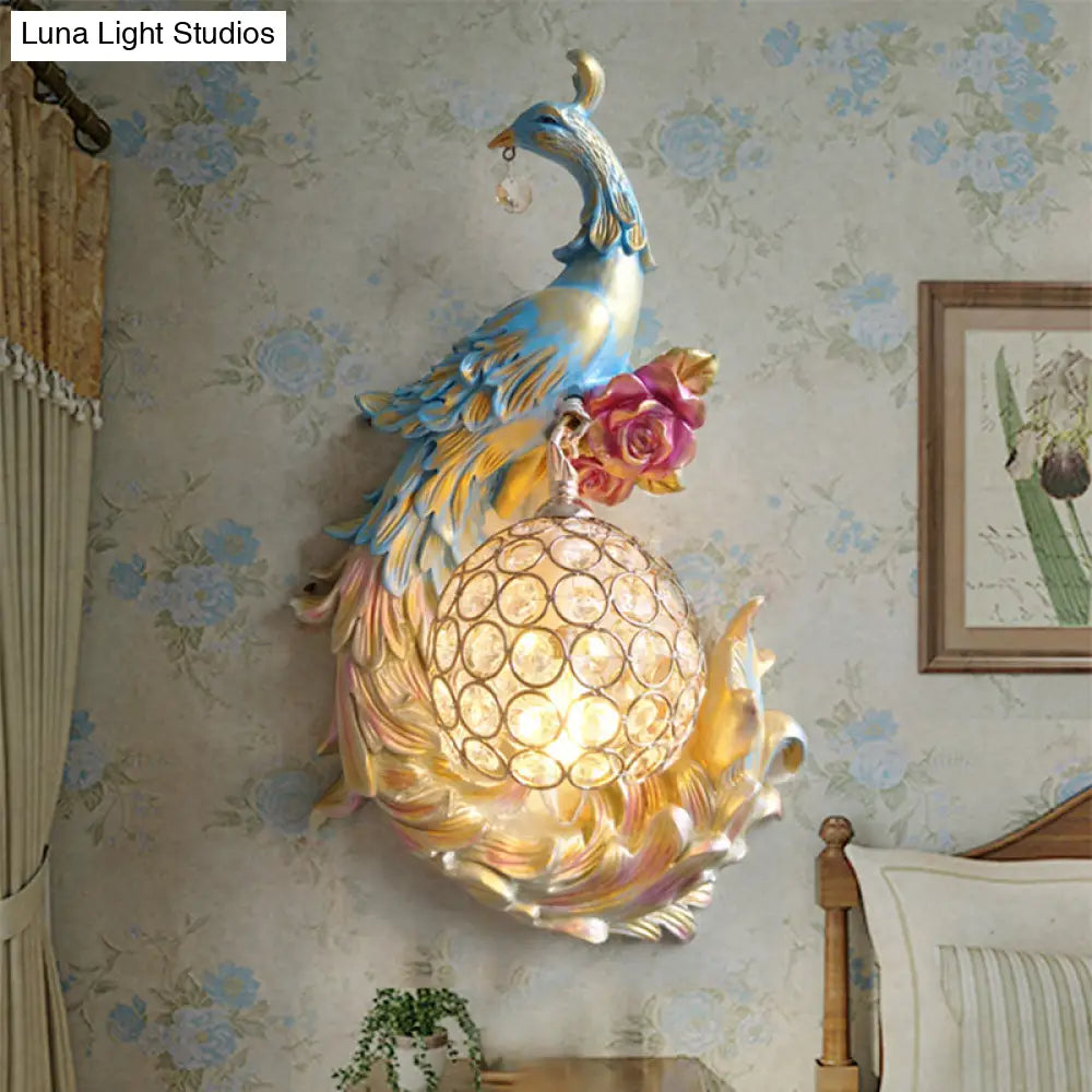 Peacock Sconce Light: Retro Wall Mounted With Globe Shade Left/Right Facing White/Blue/Purple Resin
