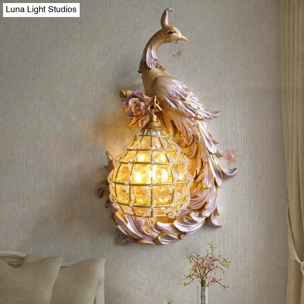 Peacock Sconce Light: Retro Wall Mounted With Globe Shade Left/Right Facing White/Blue/Purple Resin