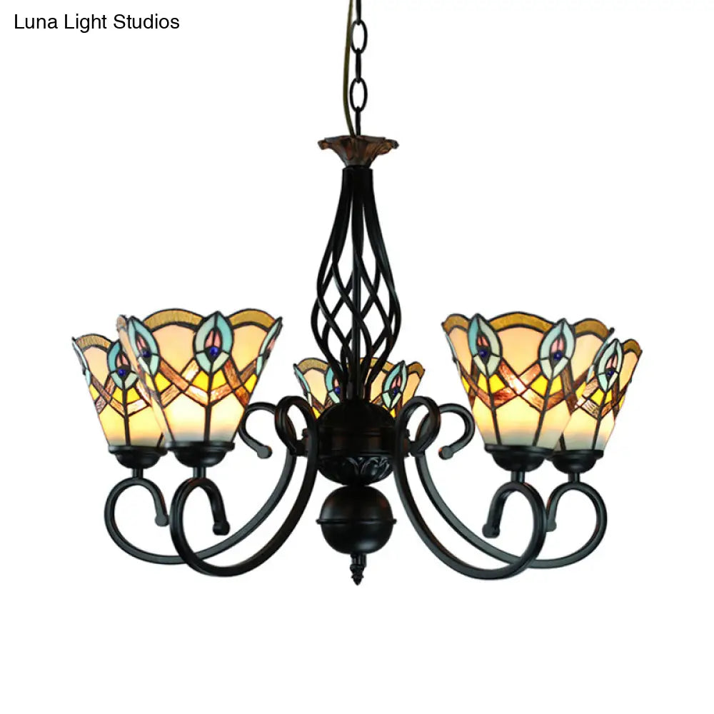 Peacock Stained Glass Chandelier: 5-Light Cone Pendant For Bedroom