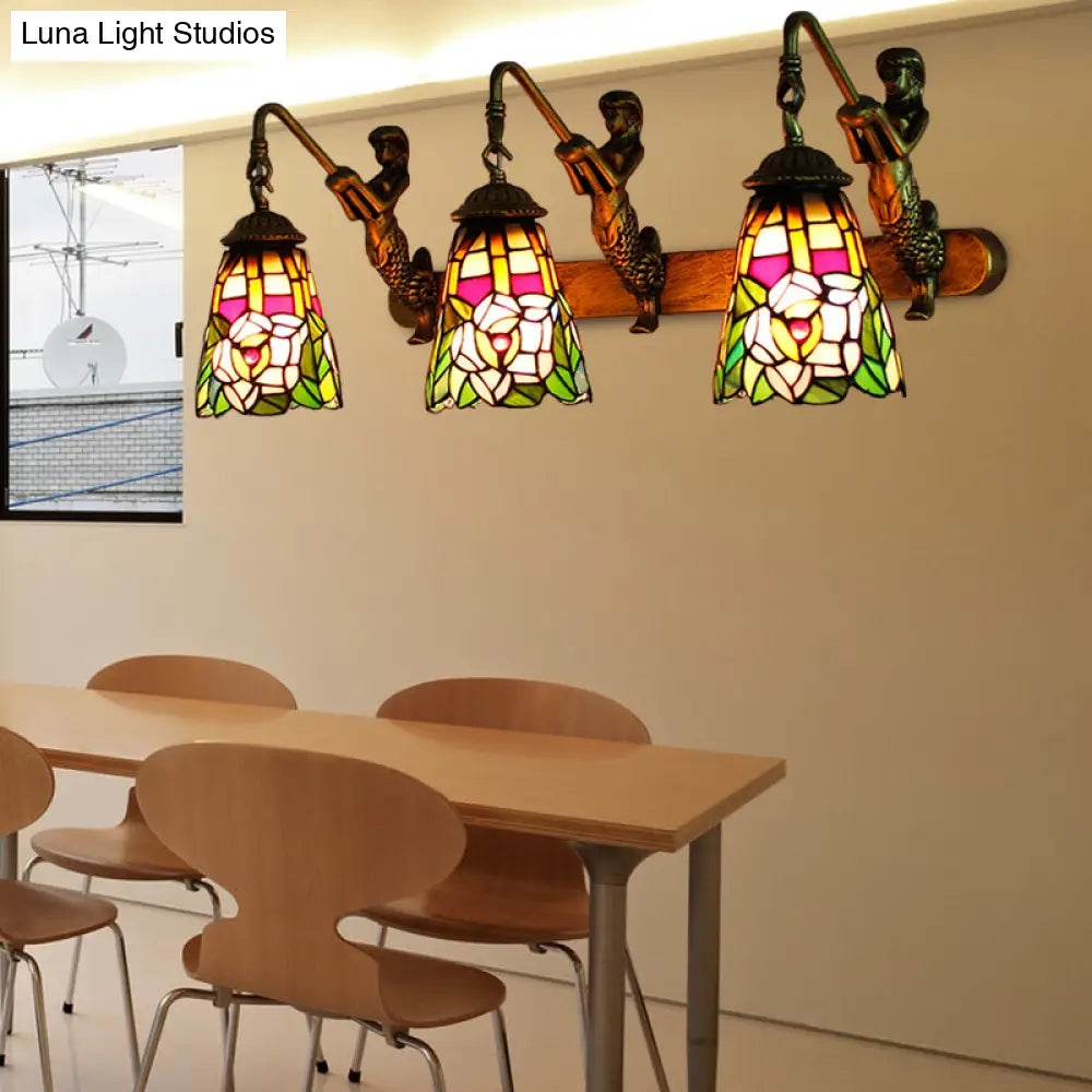 Peacock Stained Glass Wall Sconce With 3 Flared Headlights