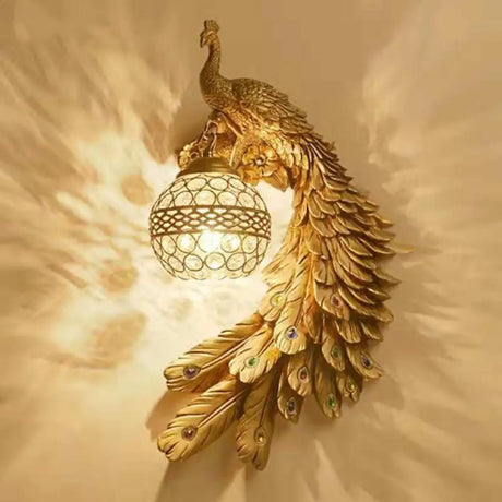 Peacock Wall Lamp Sconce - Classic Resin Fixture With Crystal Encrusted Shade Gold