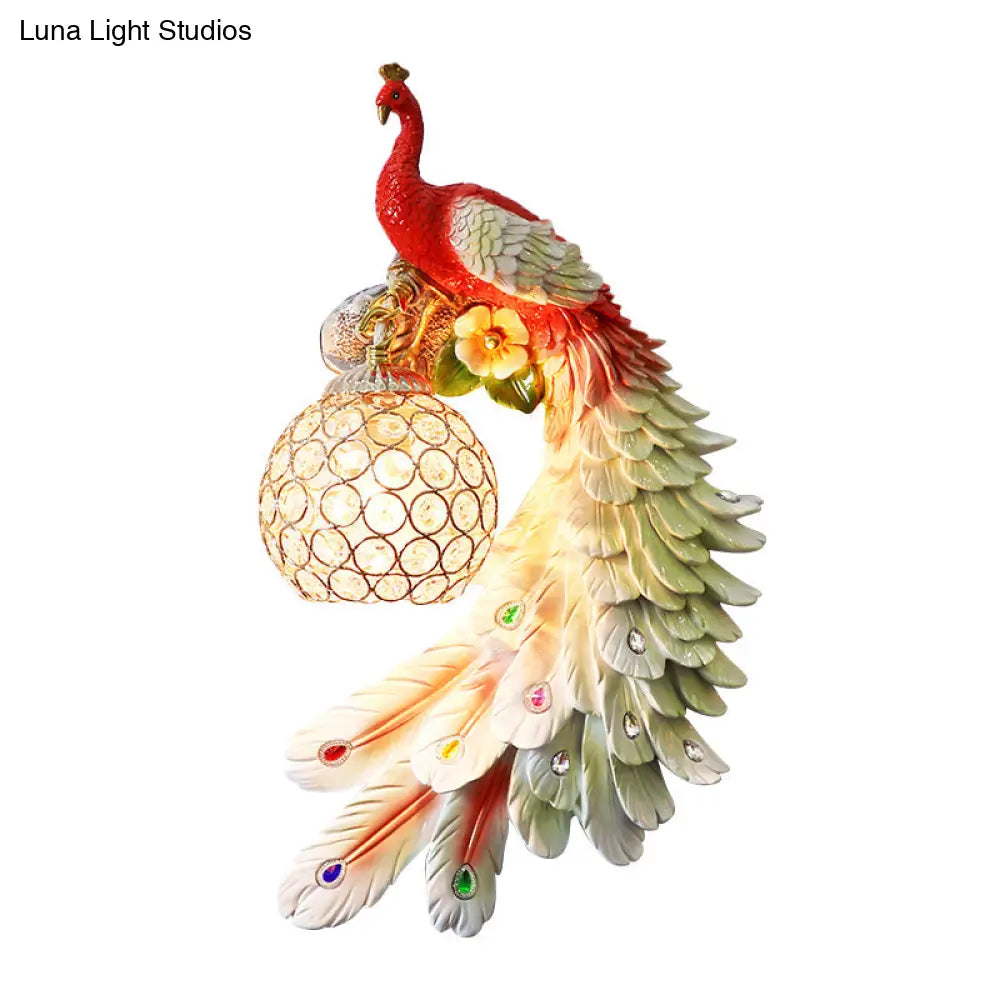 Peacock Wall Sconce - Single Head Cottage White/Red/Blue Resin Light Fixture With Crystal Shade